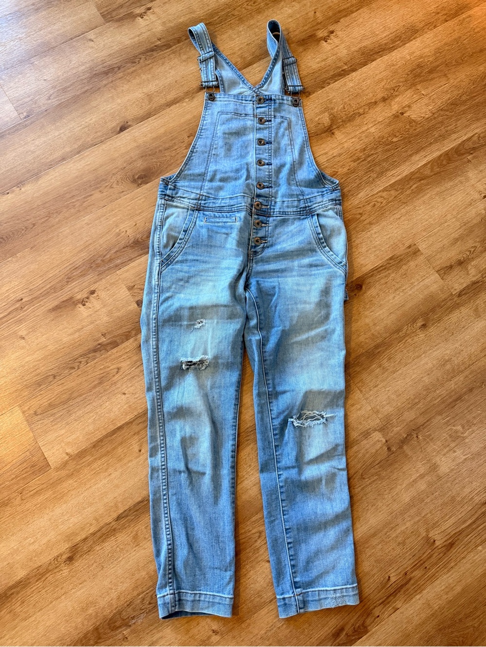 Free People Light Blue Distressed Denim Overalls